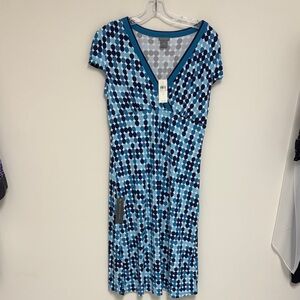 Ann Taylor Teal and Navy Polka Dot V-Neck Dress